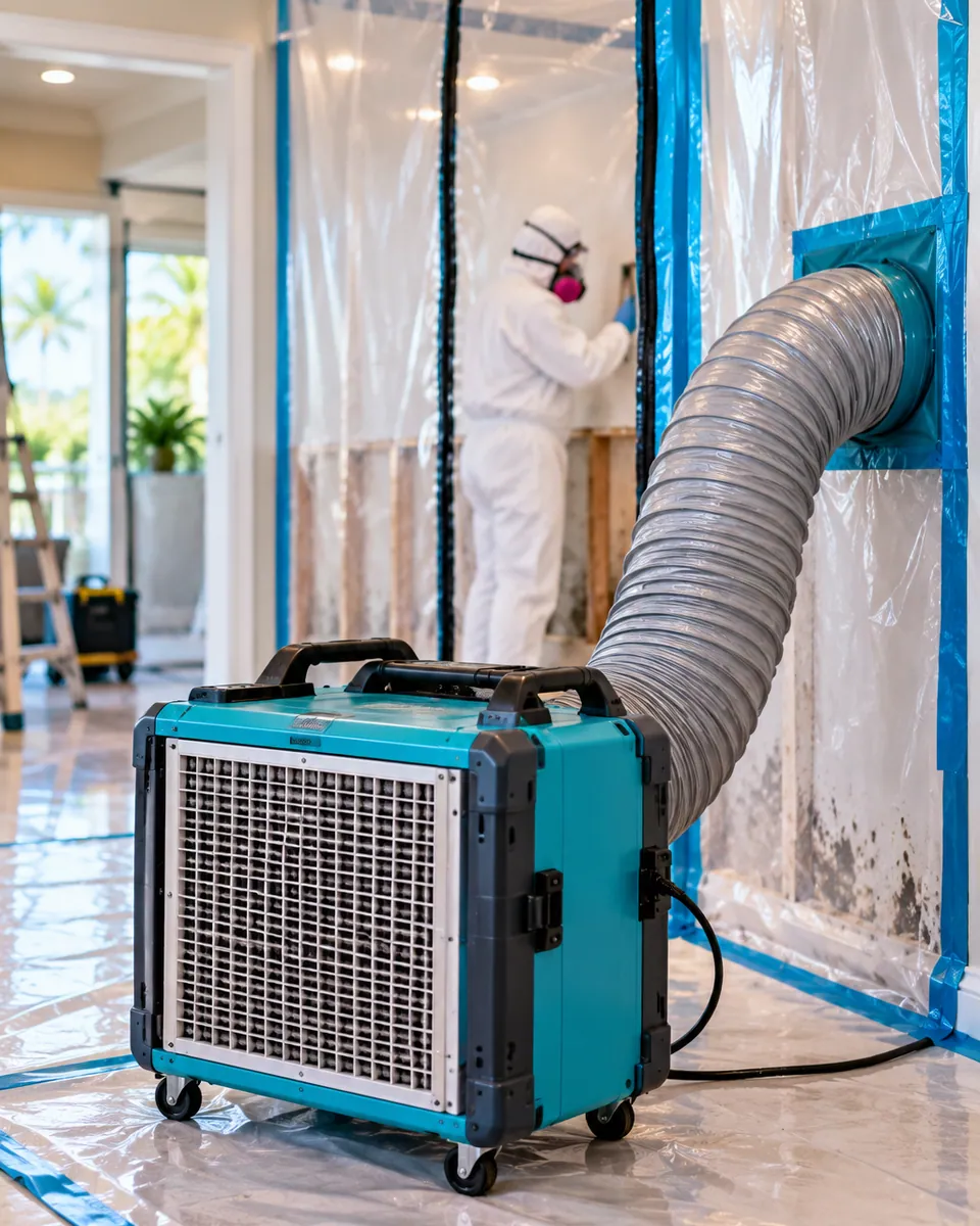 HEPA air scrubber and poly containment set up for mold remediation in Highland Beach
