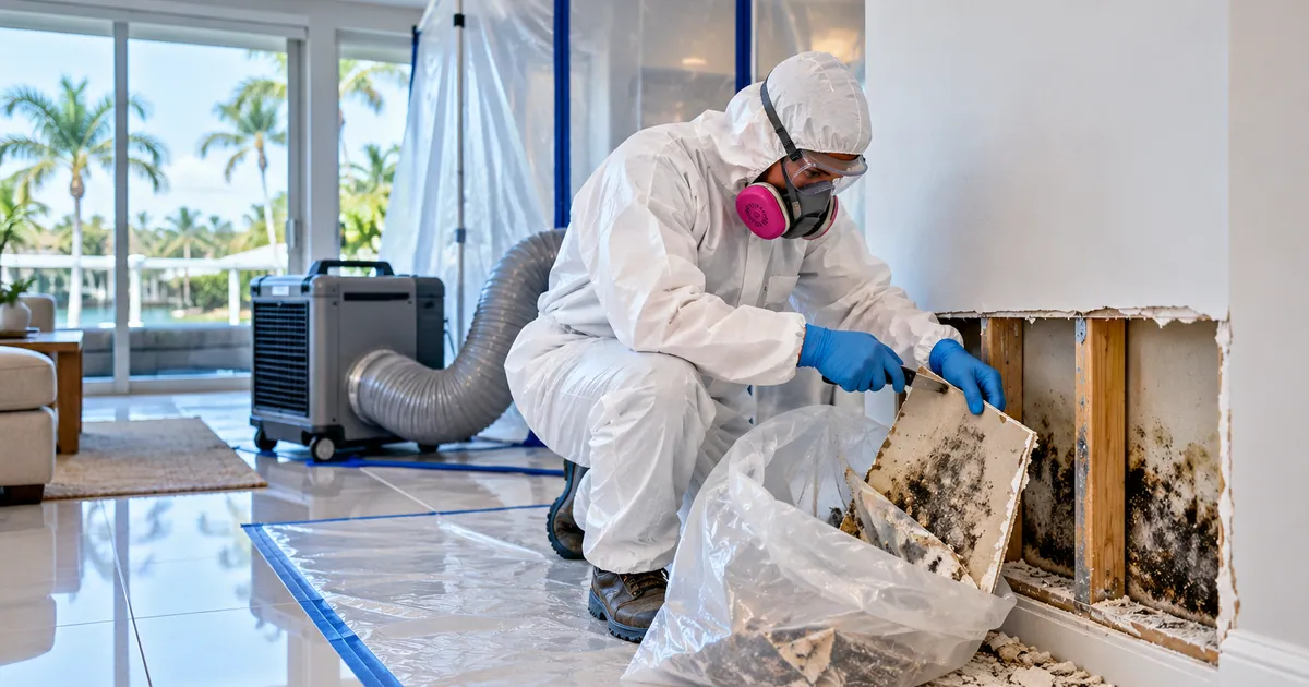 Turnover-Ready Mold Removal in Highland Beach, FL — technician removing mold under containment